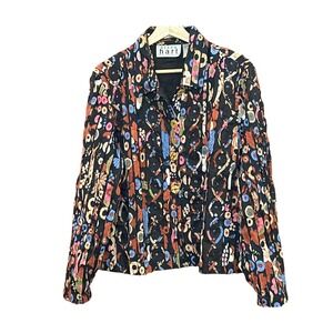 Keren Hart Southwestern Quilted Abstract Button Colorful Blouse Boho Art to Wear